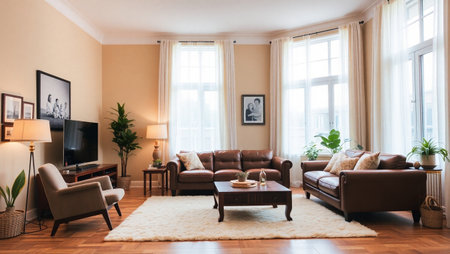 Interior of a living room with brown sofa and coffee table.
