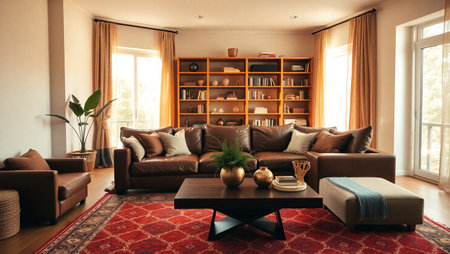 Living room interior with sofa, coffee table and bookshelves.の写真素材