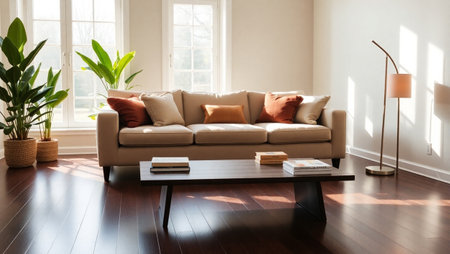Modern living room interior with brown sofa, coffee table, books and plants