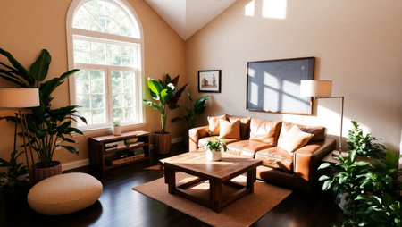 Interior of a living room with brown sofa and wooden coffee table