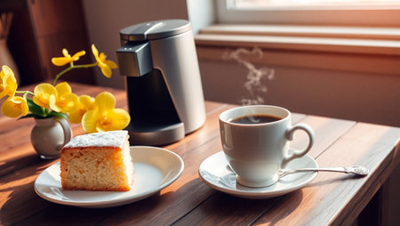 Cup of coffee and cake on a wooden table near the windowの写真素材