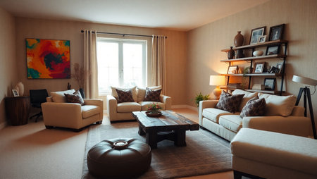 Interior of living room with sofas, coffee table and sofaの写真素材