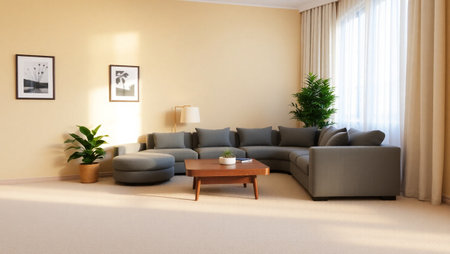 Interior of a living room with a sofa and a coffee table