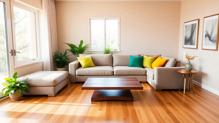Interior of modern living room with sofa, coffee table and plantsの写真素材