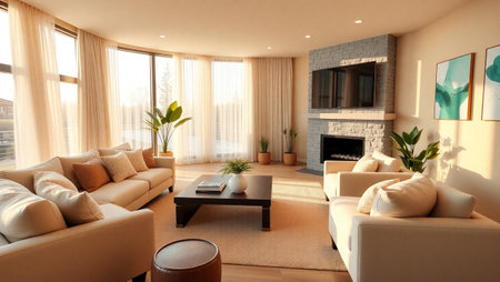 Interior of a modern living room with beige sofas