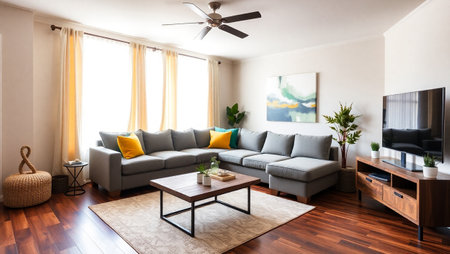 Interior of a modern living room with sofa and coffee table, nobody inside