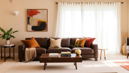 interior of modern living room with brown sofa, coffee table and paintings