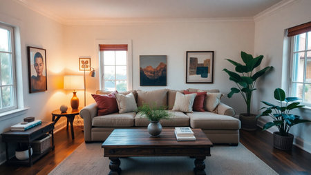 Luxury living room with brown sofa, coffee table and pictures on wall