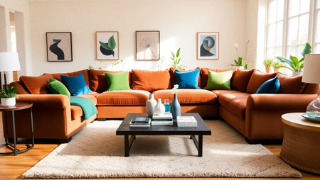 Modern living room interior with orange sofa, coffee table and picture framesの写真素材