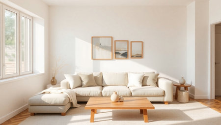 interior of modern bright living room with white sofa 3D rendering