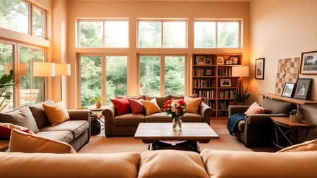 Interior of a living room with a beautiful view of the gardenの写真素材