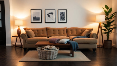 Interior of living room with brown sofa, pillows and lampの写真素材