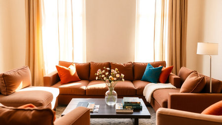 Living room interior with sofa, pillows and coffee table in sunlight