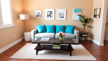 Living room interior with sofa, coffee table and picture frames on wall