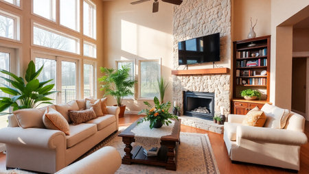 Interior of a modern living room with a large window and fireplace