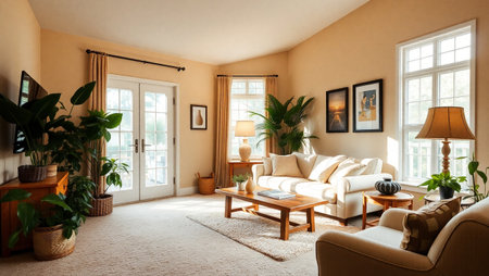 Interior of a living room with a sofa, coffee table and plants