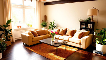 Interior of a living room with sofa, coffee table and plantsの写真素材