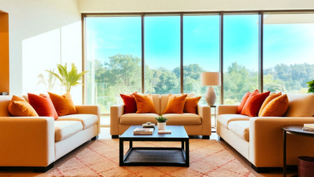 interior of modern bright living room with orange sofa and coffee table