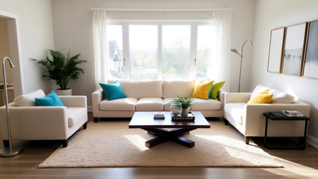 Interior of a modern living room with sofa, coffee table and window