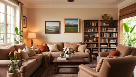 Interior of a living room with beige sofa and armchairs