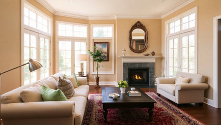 Living room with fireplace and armchairs in classic style. Nobody inside