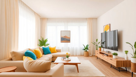 Interior of modern living room with yellow sofa and wooden coffee tableの写真素材