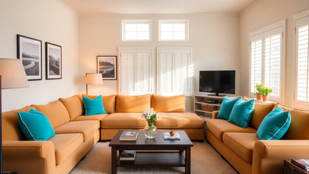 Interior of a modern living room with orange sofa and blue cushions