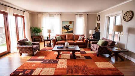 Interior of a living room with a leather sofa and a coffee table
