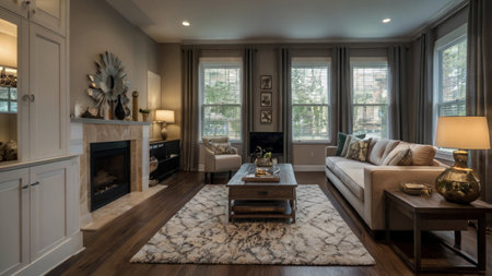 Luxury living room with fireplace and wooden furniture. Northwest, USA