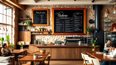 Interior of modern cafe with brick walls, wooden floor and concrete walls. Barista is working on a laptop. 3d rendering