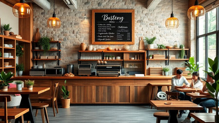 3d rendering of a coffee shop interior design with a bar counterの写真素材