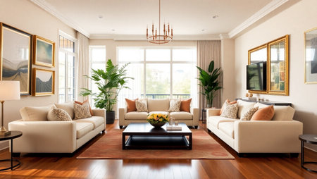 Interior of modern living room with white sofas and plants