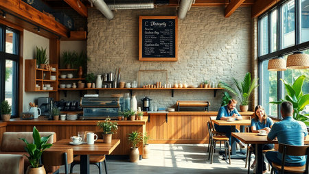 Coffee shop interior with barista and customer in a cafe