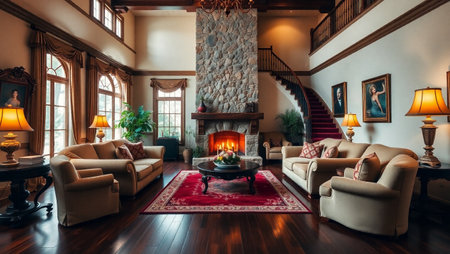 Luxury living room interior with fireplace, armchairs and wooden floorの写真素材