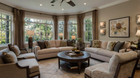 Luxury living room with beige sofa and wooden coffee table