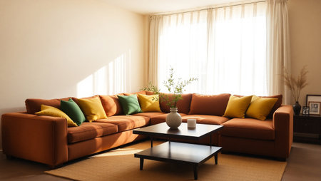 Living room with orange sofa, coffee table and plant in vaseの写真素材