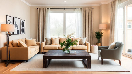 Interior of modern living room with beige sofa and coffee table
