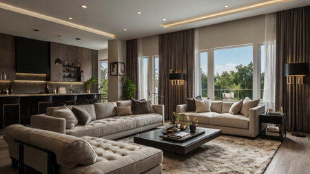 Interior of luxury living room, wide living room with modern furniture