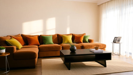 Interior of a modern living room with orange sofa and coffee table