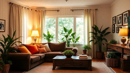 Interior of a living room with a large window and plants.