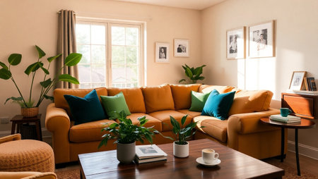 Interior of living room with orange sofa, coffee table and plantsの写真素材