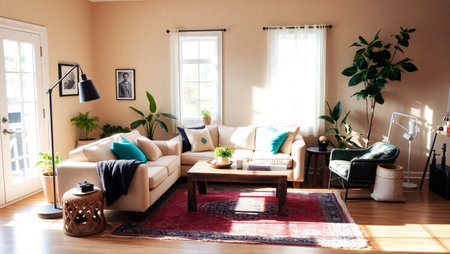 Living room interior with sofa, coffee table and plant in vaseの写真素材