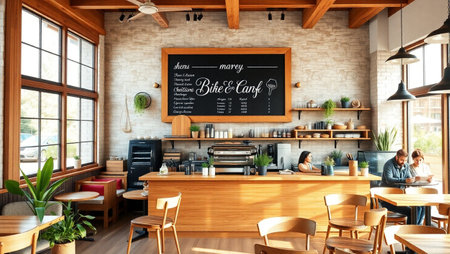 Interior of modern cafe with wooden walls, concrete floor, wooden ceiling and bar counter with...