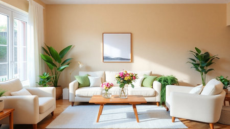 Interior of a living room with a sofa, coffee table and plants