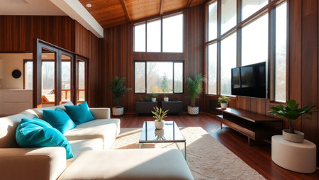 interior of modern bright living room with sofa, tv and decorationの写真素材