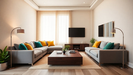 Modern living room interior with sofa and tv. 3d render illustration