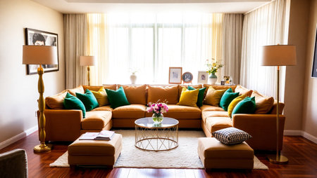 Interior of a living room with a brown sofa and pillowsの写真素材