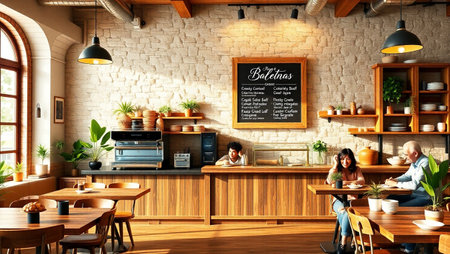 interior of a modern coffee shop with wooden tables and chairs. 3d rendering