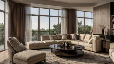 Interior of a modern living room with a panoramic windowの写真素材