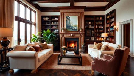 Luxury living room interior design with fireplace and bookshelvesの写真素材